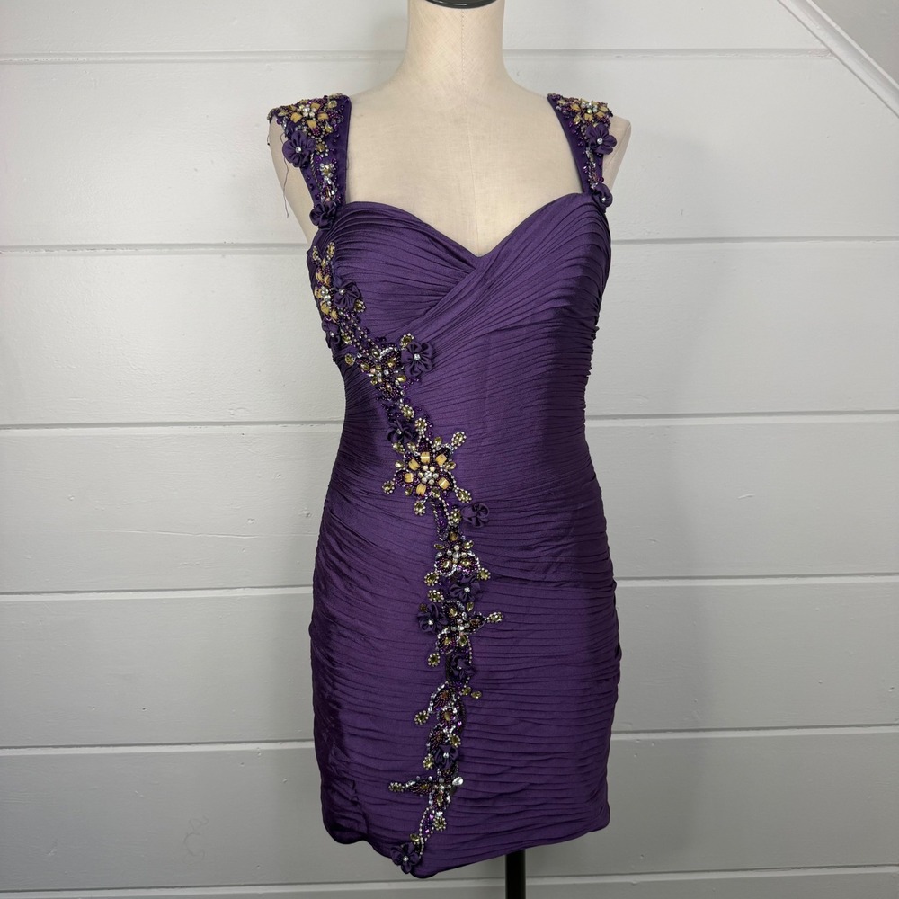 May Queen Couture Purple Beaded Mini Dress Size‎ 8 Cocktail Party Floral